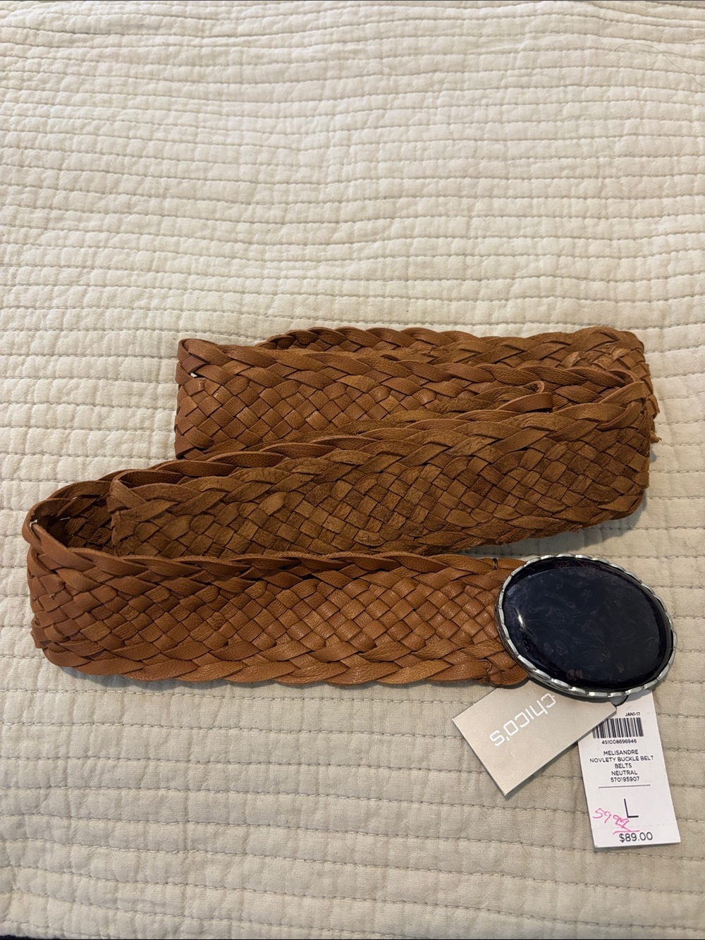 Chico's Braided Leather Obi Belt in Cognac